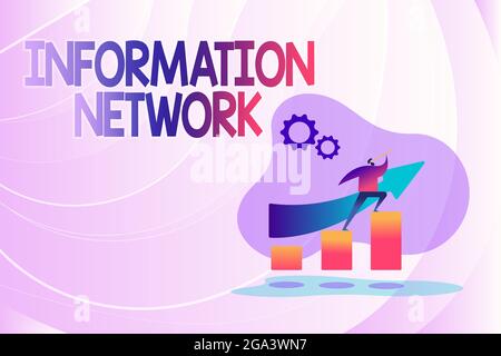 Textschild mit Information Network. Wörter, die auf Computern geschrieben wurden, wurden miteinander verknüpft, um Informationen auszutauschen Bunte Bilder, die Fortschritt anzeigen Stockfoto