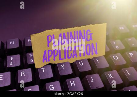Inspiration zeigt Anwendung zur Planung von Schildern. Geschäftsansatz Anfrage an eine lokale Behörde um Erlaubnis zum Erstellen von Typing Hospital Records und Stockfoto