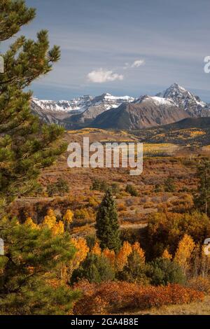 Ein Blick auf die Ikonen Colorados - die San Juan Mountains, die Sneffels Range, Mt. Sneffels, Herbstfarben, Espen, Hochland. Stockfoto