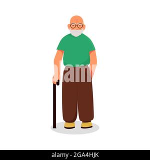 Alter Mann mit Brille und mit einem Stock in der Hand, Vektorfigur im Cartoon-Stil. Flaches Design Stock Vektor