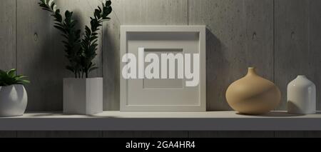 Leerer Rahmen für Ihre Bildbesprechung auf weißem Regal mit Pflanzen in modernem Topf, Keramikvasen, grauer Wand, 3d-Rendering, 3d-Illustration Stockfoto