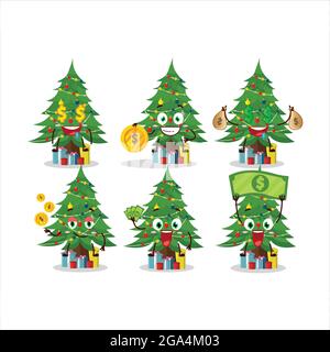 Weihnachtsbaum mit geschenkbox Cartoon-Figur mit niedlichen Emoticon bringen Geld. Vektorgrafik Stock Vektor