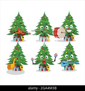 Cartoon-Figur von weihnachtsbaum mit geschenkbox spielen einige Musikinstrumente. Vektorgrafik Stock Vektor