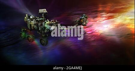 Rover auf der dunklen Seite des Mondes erhellt durch bunte Lichtpunkte. Elemente dieses Bildes, die von der NASA eingerichtet wurden. Stockfoto