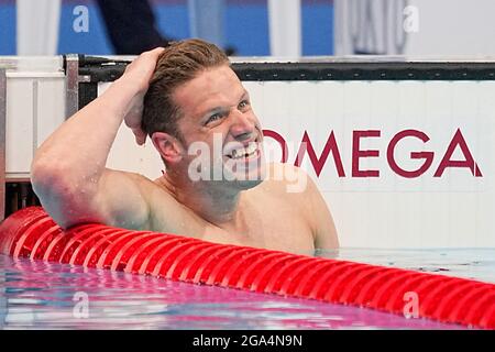 Tokio, Japan. Juli 2021. Schwimmen: Olympische Spiele, Männer, 200 m Medley, Halbfinale im Tokyo Aquatics Center. Philip Heintz von Deutschland reagiert. Quelle: Michael Kappeler/dpa/Alamy Live News Stockfoto