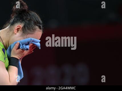 Tokio, Japan. Juli 2021. ITO Mima aus Japan reagiert während des Halbfinales der Frauen im Tischtennis bei den Olympischen Spielen 2020 in Tokio, Japan, am 29. Juli 2021. Quelle: Wang Dongzhen/Xinhua/Alamy Live News Stockfoto