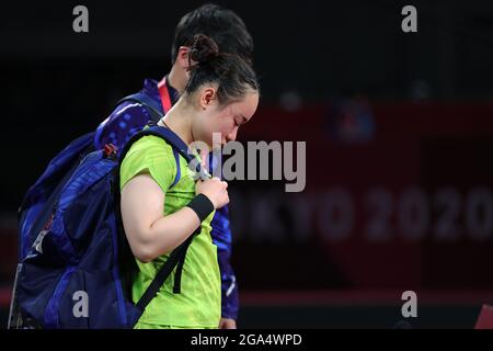 Tokio, Japan. Juli 2021. ITO Mima aus Japan reagiert während des Halbfinales der Frauen im Tischtennis bei den Olympischen Spielen 2020 in Tokio, Japan, am 29. Juli 2021. Quelle: Wang Dongzhen/Xinhua/Alamy Live News Stockfoto
