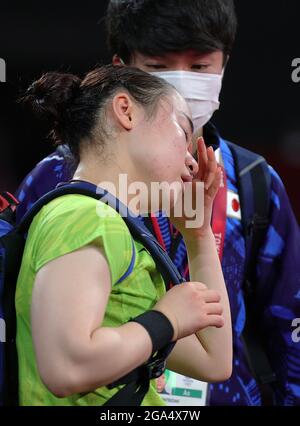 Tokio, Japan. Juli 2021. ITO Mima aus Japan reagiert nach dem Halbfinale der Frauen im Tischtennis bei den Olympischen Spielen 2020 in Tokio, Japan, am 29. Juli 2021. Quelle: Wang Dongzhen/Xinhua/Alamy Live News Stockfoto