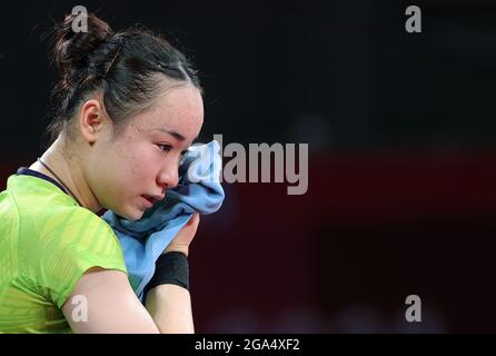 Tokio, Japan. Juli 2021. ITO Mima aus Japan reagiert während des Halbfinales der Frauen im Tischtennis bei den Olympischen Spielen 2020 in Tokio, Japan, am 29. Juli 2021. Quelle: Wang Dongzhen/Xinhua/Alamy Live News Stockfoto