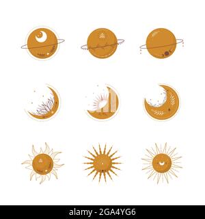Boho himmlische Elemente. Trendige Mond, Sonne und Planeten in gelber Farbe. Illustrationen für Kinder für Poster oder Wohnkultur. Modernes geometrisches Element Stock Vektor