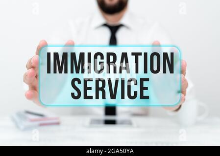 Textüberschrift mit Darstellung des Einwanderungsdienstes. Geschäftskonzept verantwortlich für das Gesetz über Einwanderer und Einwanderung Presenting Communication Stockfoto