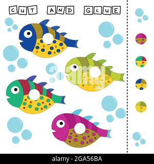 Fische Arbeitsblatt Vektor-Design, ist die Aufgabe zu schneiden und kleben ein Stück auf bunte niedliche Fische . Logikspiel für Kinder. Stock Vektor