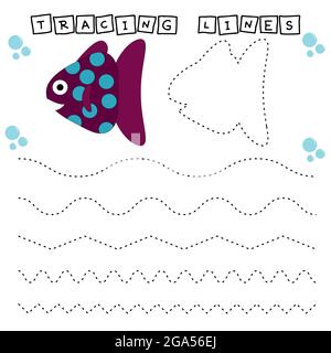 Tracing Lines Spiel mit lustigen Fischen. Arbeitsblatt für Kinder im Vorschulalter, Aktivitätsblatt für Kinder, druckbares Arbeitsblatt Stock Vektor