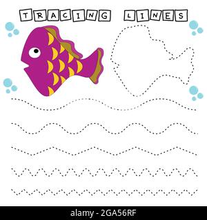 Tracing Lines Spiel mit lustigen Fischen. Arbeitsblatt für Kinder im Vorschulalter, Aktivitätsblatt für Kinder, druckbares Arbeitsblatt Stock Vektor