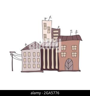 Cartoon City, Doodle-Stil und braune Farbe. Stadtgebäude. Doodle-Set von handgezeichneten Gebäuden im Cartoon-Stil. Vektorskizzen von Häusern Stock Vektor