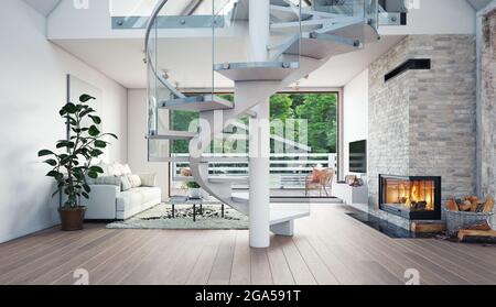 Modernes Wohnhausdesign. 3d-Konzeptdarstellung Stockfoto