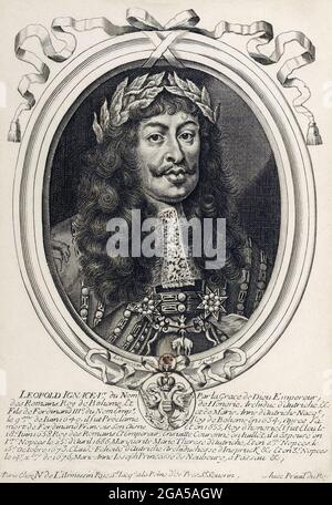 Deutschland: Kupferstich von Leopold I. (1640-1705), 37. Kaiser des Heiligen Römischen Reiches, von Nicolas II. De Larmessin (1632-1694), c.. 1690. Leopold I. war der zweite Sohn Kaiser Ferdinands III. Und wurde nach dem Tod seines älteren Bruders Ferdinand IV. Zum Erben Nach dem Tod seines Vaters wurde er 1658 zum Kaiser des Heiligen Römischen Reiches gewählt, war inzwischen auch bereits Erzherzog von Österreich geworden und beanspruchte die Kronen von Deutschland, Kroatien, Böhmen und Ungarn. Stockfoto