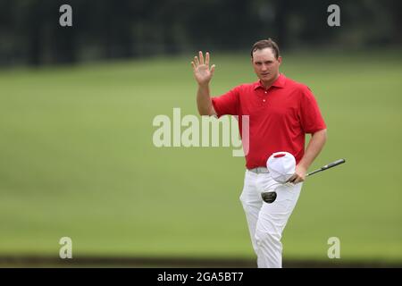 Saitama, Japan. Juli 2021. Sepp Straka aus Österreich reagiert nach der Tokyo 2020 Men's Individual Stroke Play Runde of Golf in Saitama, Japan, 29. Juli 2021. Quelle: Zheng Huansong/Xinhua/Alamy Live News Stockfoto