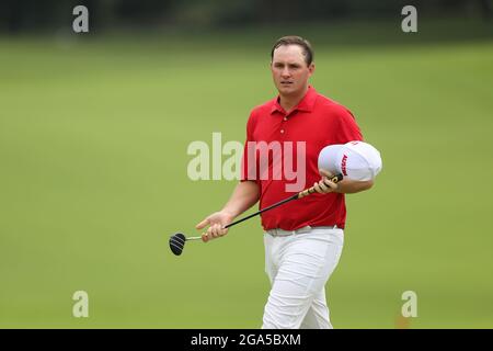 Saitama, Japan. Juli 2021. Sepp Straka aus Österreich reagiert nach der Tokyo 2020 Men's Individual Stroke Play Runde of Golf in Saitama, Japan, 29. Juli 2021. Quelle: Zheng Huansong/Xinhua/Alamy Live News Stockfoto