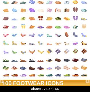 100 Schuhe Icons Set. Cartoon Illustration von 100 Schuhe Symbole Vektor-Set isoliert auf weißem Hintergrund Stock Vektor