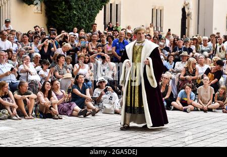 Krakau, Polen. Juli 2021. Ein Performer, der während der Modenschau auf der Bühne zu sehen war.Tänzer des Tanztheaters Terpsichore und Schauspieler des Nomina Rosae Teatr präsentierten im Innenhof des Königsschlosses Wawel in Krakau eine Rekonstruktion der Renaissance-Mode. (Bild: © Alex Bona/SOPA Images via ZUMA Press Wire) Stockfoto