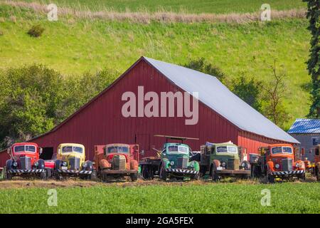 Altes Stallgebäude und Lastwagen im landwirtschaftlichen Palouse-Gebiet im Osten des Staates Washington. Der Palouse ist eine Region im Nordwesten der Vereinigten Staaten, Stockfoto