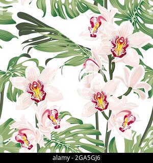 Monstera Blätter mit Cymbidium Orchideenblüten. Nahtloses tropisches Muster mit Exotica-Blättern und Blüten. Stock Vektor