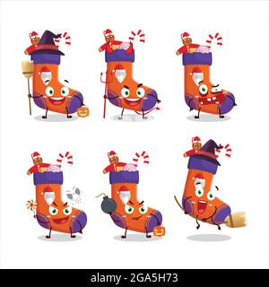 Halloween Ausdruck Emoticons mit Cartoon-Charakter von weihnachtssocken mit Geschenk. Vektorgrafik Stock Vektor