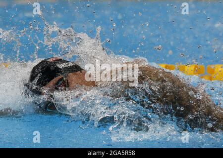 Tokio, Japan. Juli 2021. Caeleb Dressel aus den USA tritt im Tokyo Aquatics Center während der Olympischen Sommerspiele in Tokio, Japan, am Donnerstag, den 29. Juli 2021, in der 100m-Kür an. Foto von Tasos Katopodis/UPI. Kredit: UPI/Alamy Live Nachrichten Stockfoto