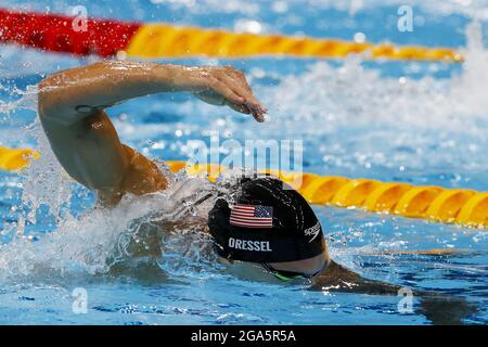 Tokio, Japan. Juli 2021. Caeleb Dressel aus den USA tritt im Tokyo Aquatics Center während der Olympischen Sommerspiele in Tokio, Japan, am Donnerstag, den 29. Juli 2021, in der 100m-Kür an. Foto von Tasos Katopodis/UPI. Kredit: UPI/Alamy Live Nachrichten Stockfoto