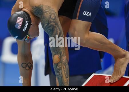 Tokio, Japan. Juli 2021. Caeleb Dressel aus den USA tritt im Tokyo Aquatics Center während der Olympischen Sommerspiele in Tokio, Japan, am Donnerstag, den 29. Juli 2021, in der 100m-Kür an. Foto von Tasos Katopodis/UPI. Kredit: UPI/Alamy Live Nachrichten Stockfoto