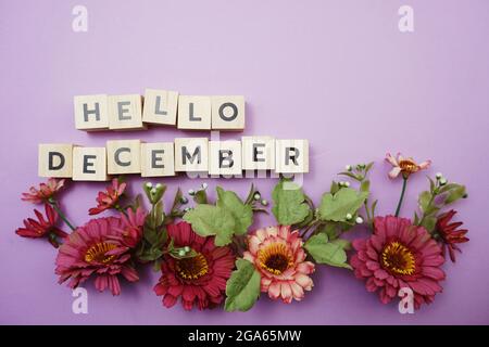 Hallo Dezember-Buchstaben mit Blumendekoration auf lila Hintergrund Stockfoto