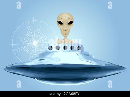 UFO und Alien, Untertasse Raumschiffe. Nicht identifizierte Objekte fliegen am Himmel. Stock Vektor