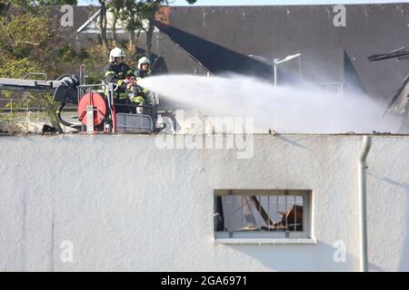 Quedlinburg, Deutschland. Juli 2021. Die Feuerwehrleute löschen den verbleibenden Brand in einem ausgebrannten Supermarkt. In der Nacht waren etwa 77 Feuerwehrleute vor Ort, um den Markt kontrolliert verbrennen zu lassen. Die Brandursache und die Schadenhöhe sind noch nicht bekannt. Quelle: Matthias Bein/dpa-Zentralbild/dpa/Alamy Live News Stockfoto