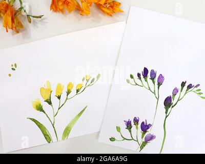 Bunte Blumen Aquarell auf Papier Stockfoto