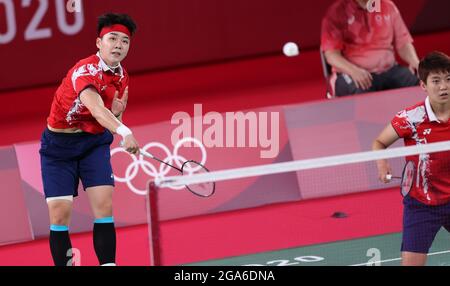 Tokio, Japan. Juli 2021. Du Yue und Li Yinhui aus China treten beim Doppel-Viertelfinale der Frauen im Badminton-Wettbewerb gegen Graysia Polii und Apriyani Rahayu aus Indonesien bei den Olympischen Spielen 2020 in Tokio, Japan, am 29. Juli 2021 an. Quelle: Yang Lei/Xinhua/Alamy Live News Stockfoto