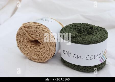 Colorful yarn balls on white background Stockfoto