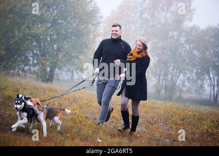 Glückliches junges Familienpaar mit zwei Hunden, die im Herbstpark laufen Stockfoto