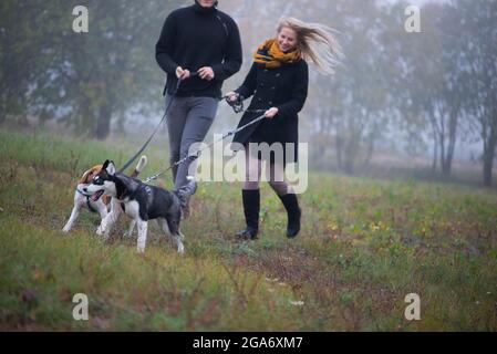 Glückliches junges Familienpaar mit zwei Hunden, die im Herbstpark laufen Stockfoto