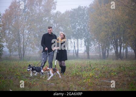 Glückliches junges Familienpaar mit zwei Hunden, die im Herbstpark laufen Stockfoto