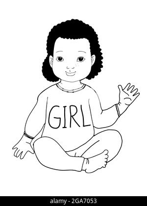 Niedlich, Karikatur, schwarz lockiges Mädchen Baby sitzend, hallo fünf, Illustration Mädchen Text Kleidung schwarz weißen Farben Stockfoto