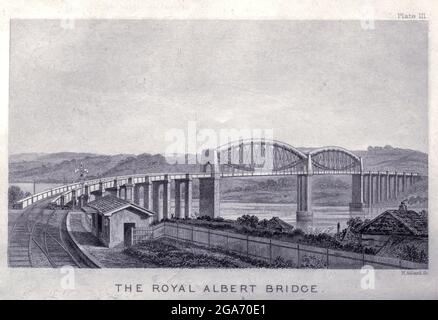 Die Royal Albert Bridge ist eine Eisenbahnbrücke, die den Fluss Tamar in England zwischen Plymouth, Devon und Saltash, Cornwall, überspannt. Aus dem Buch das Leben des Isambard Kingdom Brunel, Bauingenieur. Von Isambard Brunel Veröffentlicht in London von Longmans, Green in 1870. Isambard Kingdom Brunel FRS MInstCE (9. April 1806 – 15. September 1859) war ein englischer Bauingenieur, der als "eine der genialsten und produktivsten Persönlichkeiten der Ingenieurgeschichte", "einer der Ingenieurgiganten des 19. Jahrhunderts" und "eine der größten Persönlichkeiten der industriellen Revolution, [Wer] veränderte das Gesicht der Engländer Stockfoto