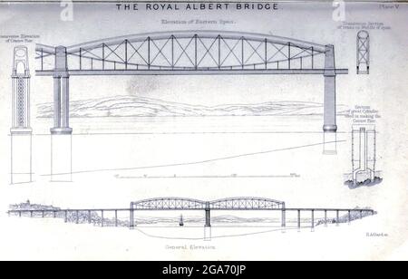 Die Royal Albert Bridge [Saltash Bridge] ist eine Eisenbahnbrücke, die den Fluss Tamar in England zwischen Plymouth, Devon und Saltash, Cornwall, überspannt. Aus dem Buch The life of Isambard Kingdom Brunel, Civil Engineer. Von Isambard Brunel Veröffentlicht in London von Longmans, Green in 1870. Isambard Kingdom Brunel FRS MInstCE (9. April 1806 – 15. September 1859) war ein englischer Bauingenieur, der als "eine der genialsten und produktivsten Persönlichkeiten der Ingenieurgeschichte", "einer der Ingenieurgiganten des 19. Jahrhunderts" und "eine der größten Persönlichkeiten der industriellen Revolution, [die] die f verändert hat Stockfoto