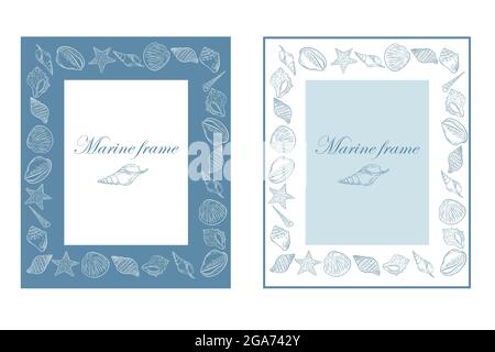 Set aus rechteckigen Seerahmen mit Muscheln, Vektorgrafik. Stock Vektor