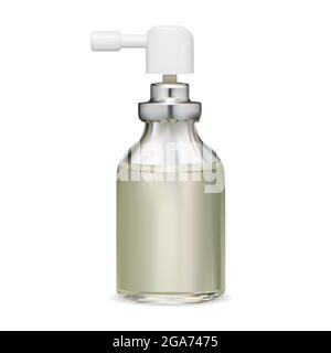 Sprühflasche. Verpackung des Inhalators für den Hals leer. Realistische Aerosolglas-Flasche, Feuchtigkeitscreme Flüssigkeit, Zerstäuber Flasche. Inhalator Medikamentenflasche Stock Vektor