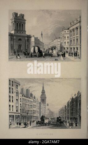 London King William Street [Top] Cheapside [Bottom] aus dem Buch Illustrated London oder eine Reihe von Ansichten in der britischen Metropole und ihrer Umgebung, graviert von Albert Henry Payne, aus Originalzeichnungen. Die historischen, topografischen und verfehlten Mitteilungen von Bichnell, W. I; Payne, A. H. (Albert Henry), 1812-1902 Veröffentlicht 1846 in London von E.T. Brain & Co Stockfoto