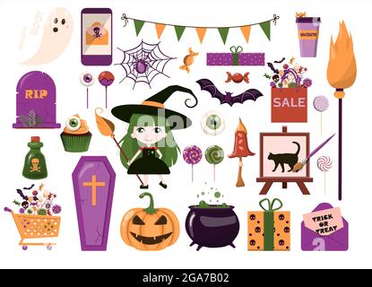 Ein großes Vektor-Set für Halloween. Flaches Design. Cartoon-Vorlage für Einladungen, Werbung, Plakate, Banner, Party, Postkarten. Hell und niedlich Stock Vektor