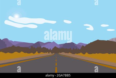 Gerade leere Straße durch die Landschaft. Blauer Himmel, Wiese und Berge. Stock Vektor