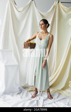 In voller Länge der Frau in Kleid hält Korbkorb mit Zitronen auf weiß Stockfoto