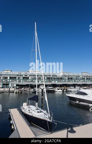 Sydney, Australien. Donnerstag, 29. Juli 2021. Allgemeiner Blick auf Finger Wharf, Woolloomooloo, sehr leer. Die Sperrbeschränkungen für den Großraum Sydney wurden aufgrund der Ausbreitung der Delta-Variante um vier Wochen bis zum 28. August verlängert. Quelle: Paul Lovelace/Alamy Live News Stockfoto